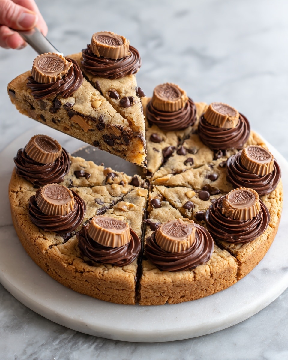The image shows a large round cookie cake with a slice cut out on a white marbled surface. The cookie cake has a golden brown color with small chocolate chips scattered throughout. Around the top edge, there is a thick ring of chocolate frosting, dark brown and swirled in large rosettes. On top of each frosting swirl, a chocolate peanut butter cup candy is placed, adding a layered look with light brown peanut butter and dark chocolate colors. The texture of the cookie looks soft and chewy with visible chocolate chips inside the slice. A silver cake server is lifting the slice, held by a woman's hand, revealing the thick cookie layers inside. Photo taken with an iphone --ar 4:5 --v 7