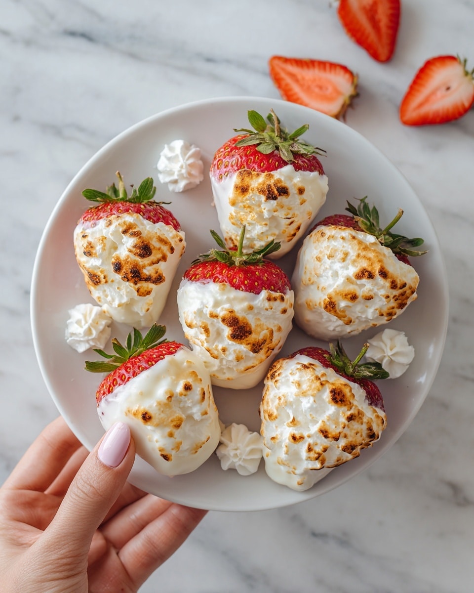 The image shows a white plate holding six strawberries, each dipped in white chocolate and topped with toasted golden-brown marshmallow cream. Each strawberry's red color peeks out from under the smooth marshmallow layer, which has a soft, slightly melted texture with some browned spots indicating light toasting. Scattered around the plate are small dollops of white marshmallow cream, adding extra texture and decoration. One strawberry is being held by a woman's hand, showing the size and detail of the treat. The background is a white marbled texture with a few strawberry halves arranged casually. Photo taken with an iphone --ar 4:5 --v 7