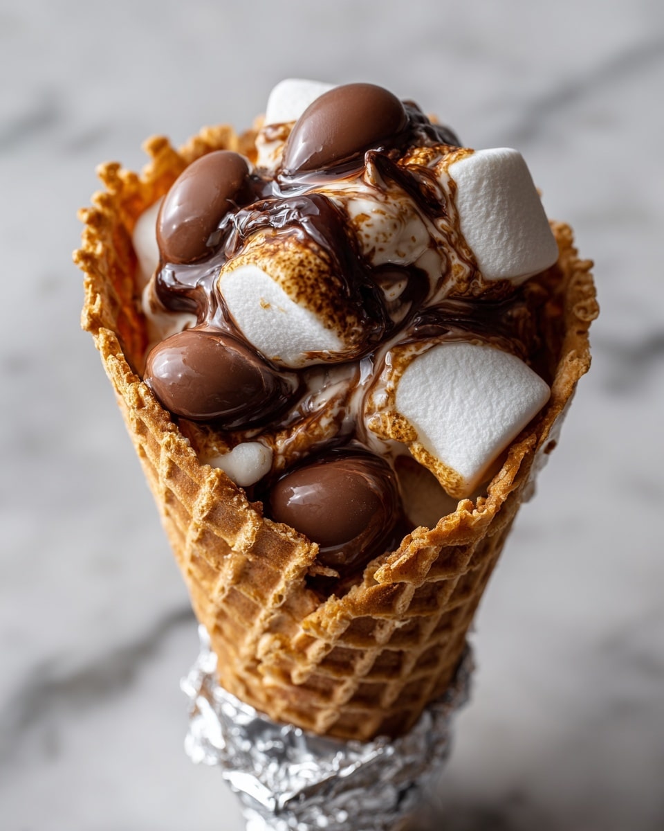 A close-up of a waffle cone filled with melted, gooey marshmallow and several pieces of smooth, round milk chocolate candies, partially melted and glossy, layered inside the cone. The waffle cone has a crunchy texture with a golden brown color, and the melted chocolate and marshmallow create strings and small bubbles of creamy mix. The cone is wrapped in silver foil at the bottom, and the background is a white marbled surface. Photo taken with an iphone --ar 4:5 --v 7