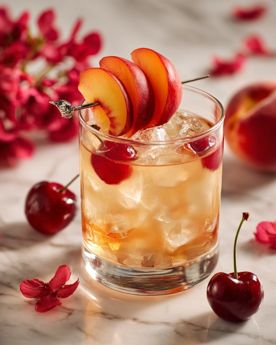 A clear glass filled with a light amber drink containing ice cubes and several red cherries inside. On top, there is a silver skewer holding three large peach slices with red and orange colors, placed vertically. The glass sits on a white marbled surface with soft red flower petals blurred in the background. Photo taken with an iphone --ar 4:5 --v 7