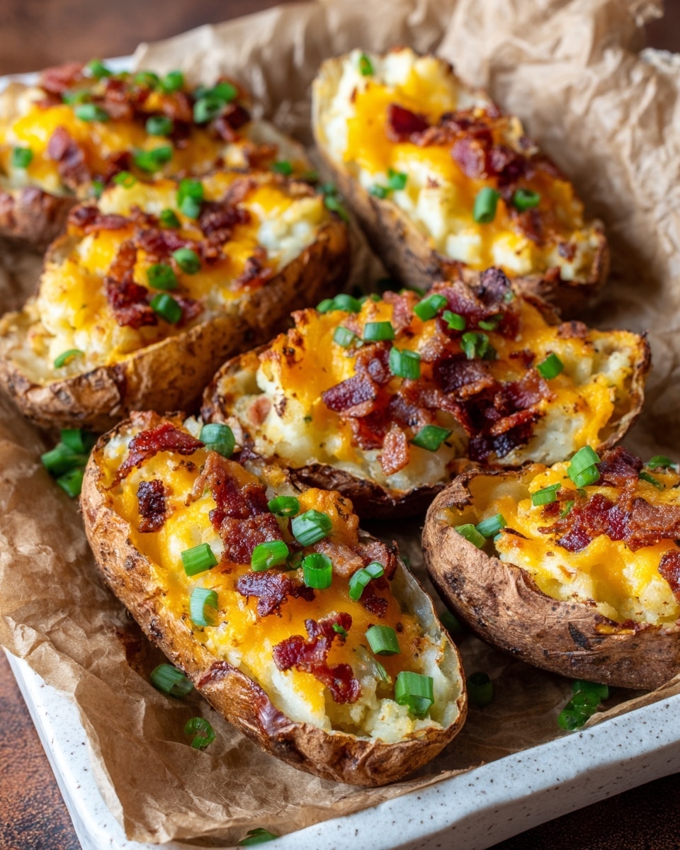 The image shows several potato skins served on a white marbled tray lined with brown parchment paper. Each potato skin is cut in half lengthwise with a rough brown skin outer layer. Inside, there is a creamy, light yellow mashed potato filling topped with melted bright orange cheddar cheese. Small crispy dark red bacon bits and fresh green chopped scallions are sprinkled on top, adding a colorful contrast. The potato skins are closely arranged, giving a warm and inviting look to the dish. photo taken with an iphone --ar 4:5 --v 7