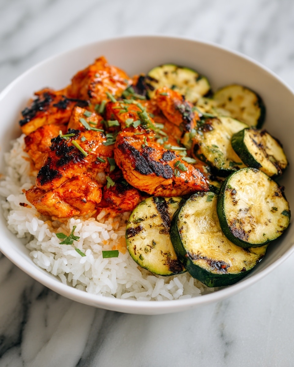 The image shows a white bowl filled with three main layers. The bottom layer is white rice with a soft texture, mostly hidden under the other ingredients. On top, there are pieces of grilled zucchini with char marks, soft green skin with golden-brown patches, placed around the edges of the bowl. The top layer features three pieces of grilled chicken coated in a bright red-orange sauce, with some blackened spots from grilling, garnished with small green herbs sprinkled over the chicken for contrast. The bowl sits on a white marbled surface. The photo taken with an iphone --ar 4:5 --v 7