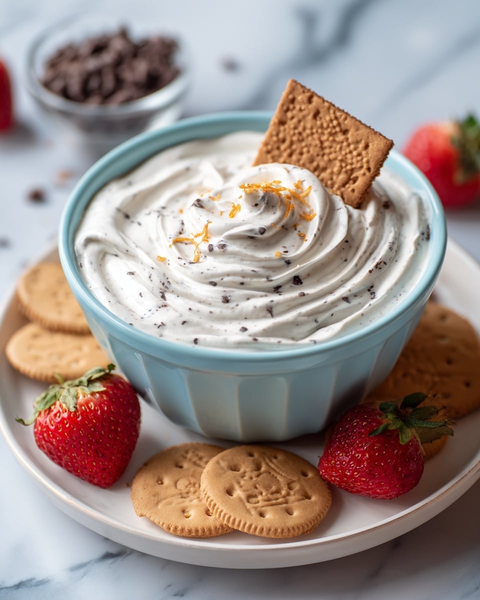 A pale blue bowl holds a creamy white mixture speckled with small dark chocolate chips throughout, swirled smoothly on top. A single light brown, textured cookie piece is placed upright in the center of the mixture, with some small orange shreds sprinkled nearby. The bowl is set on a white plate with a white marbled surface underneath. Around the bowl, fresh bright red strawberry halves and more light brown cookies with a patterned design are arranged. A clear glass bowl of chocolate chips is partially visible near the top edge. Photo taken with an iphone --ar 4:5 --v 7