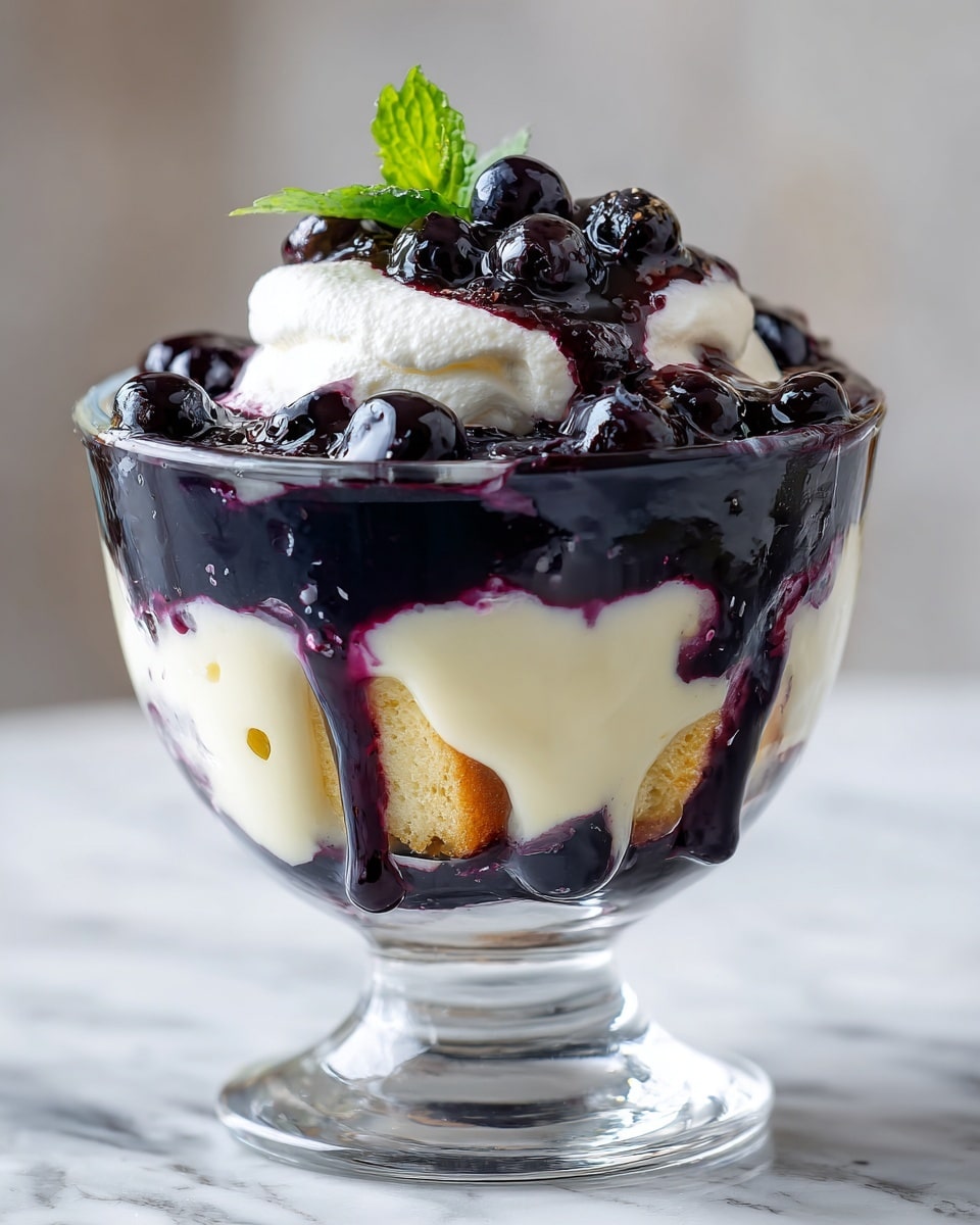 This dessert in a clear glass bowl has four visible layers. The bottom layer is dark purple-blue with a shiny, thick texture of blueberry sauce. Above it is a thick, creamy off-white layer that looks soft and smooth. The third layer is another mix of light sponge cake pieces with blueberry sauce dripping down, showing light yellow with dark purple splotches. On top is a thick, smooth layer of white whipped cream with a glossy blueberry topping that is dark purple with whole berries, and a small green mint leaf placed at the back edge. The bowl is set on a white marbled surface. photo taken with an iphone --ar 4:5 --v 7