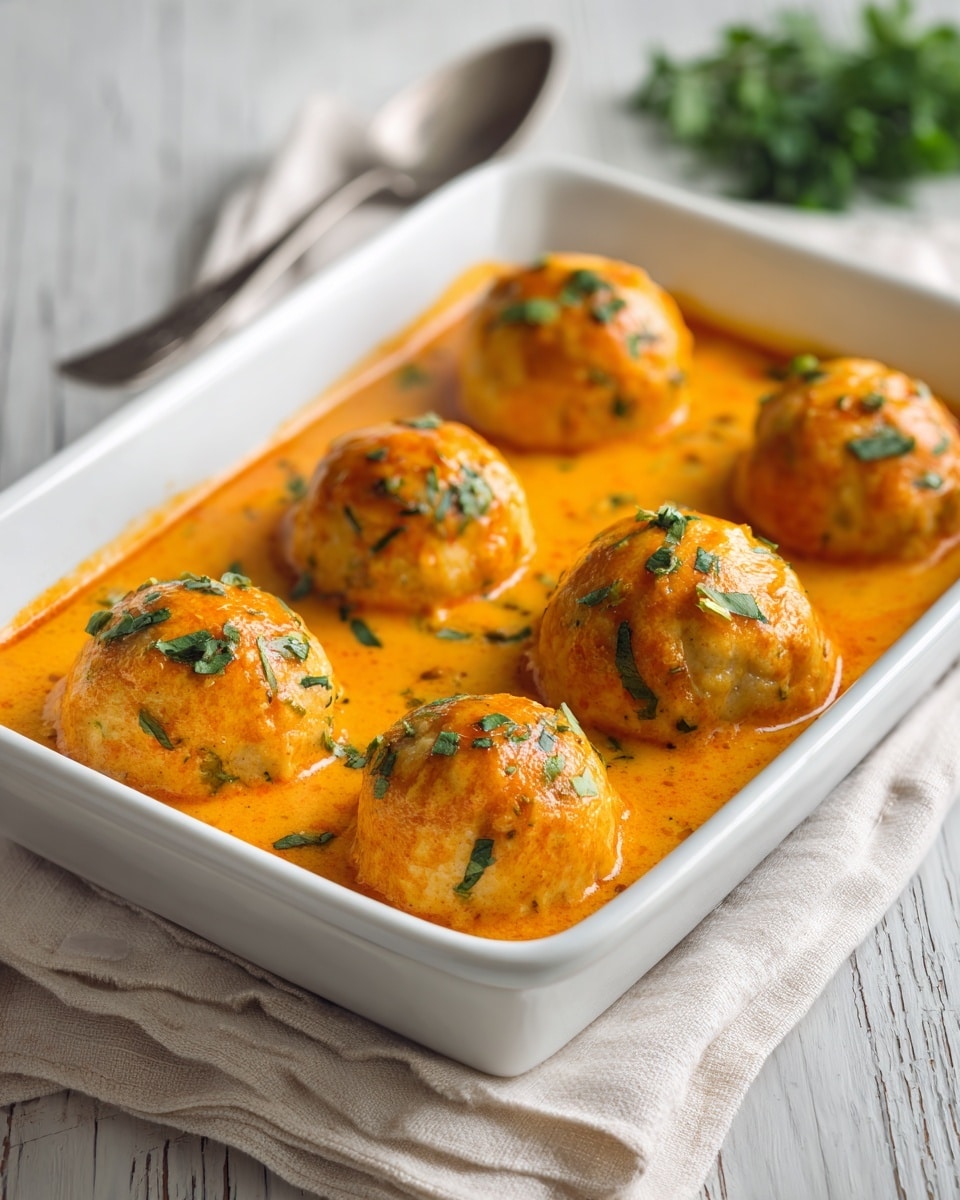 A white rectangular baking dish filled with six round golden-brown dumplings resting in a thick, creamy orange sauce. Each dumpling is topped with small green herb pieces, adding contrast to the texture. The dish sits on a light beige cloth on a white wooden surface with a blurred bright green herb bunch in the background, and a silver spoon partially visible near the dish. The sauce has a rich and smooth texture, coating the dumplings gently. Photo taken with an iphone --ar 4:5 --v 7