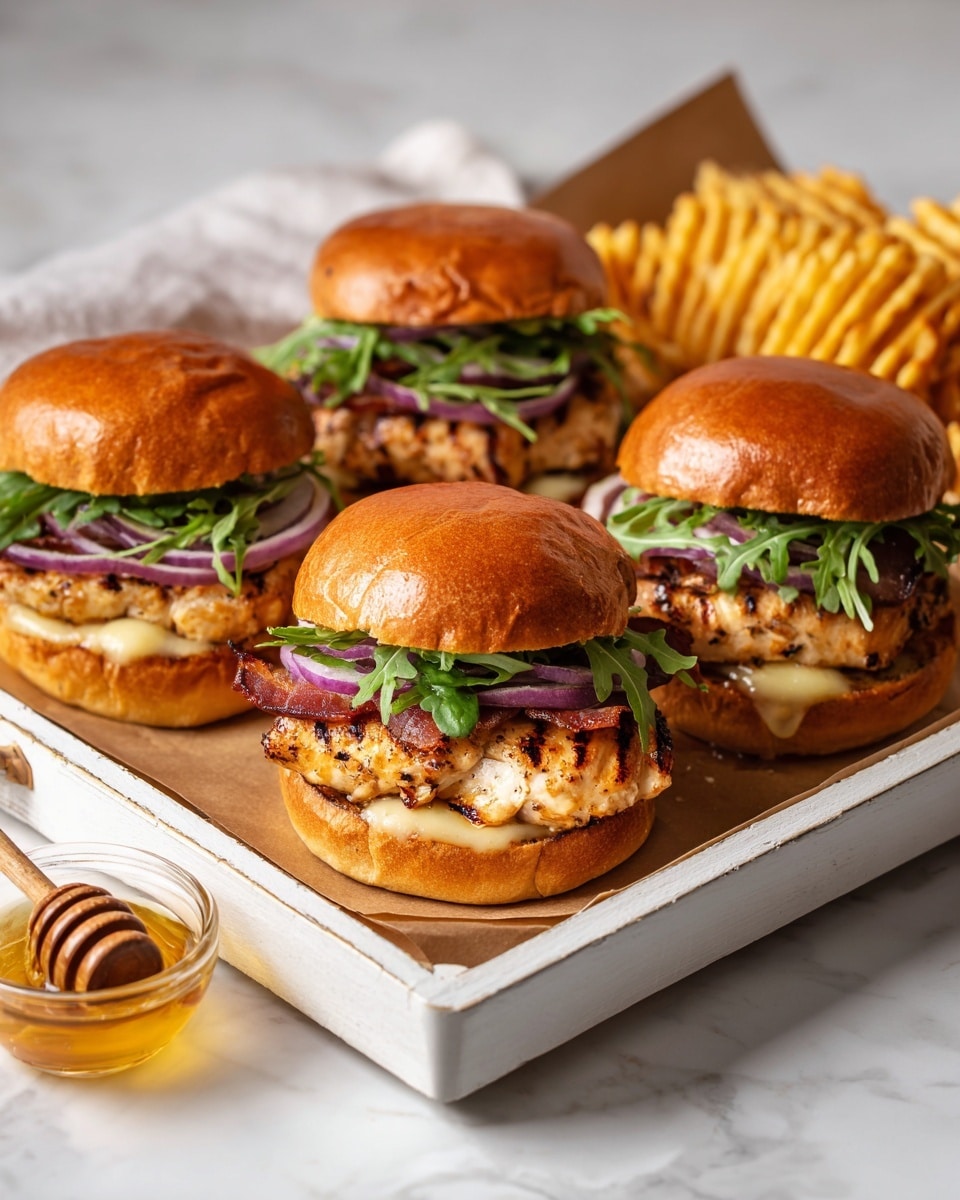 This image shows four chicken sandwiches on a white rectangular tray lined with brown parchment paper, placed on a white marbled surface. Each sandwich has three layers: the bottom golden-brown bun, a grilled chicken breast topped with melted cheese, slices of red onion and crispy bacon, a handful of fresh green arugula leaves, and the shiny golden-brown top bun. To the right and behind the sandwiches, there is a pile of golden waffle fries with a crispy texture. In the bottom left corner of the tray, there is a small round glass bowl filled with honey, with a wooden honey dipper resting inside. The photo taken with an iphone --ar 4:5 --v 7