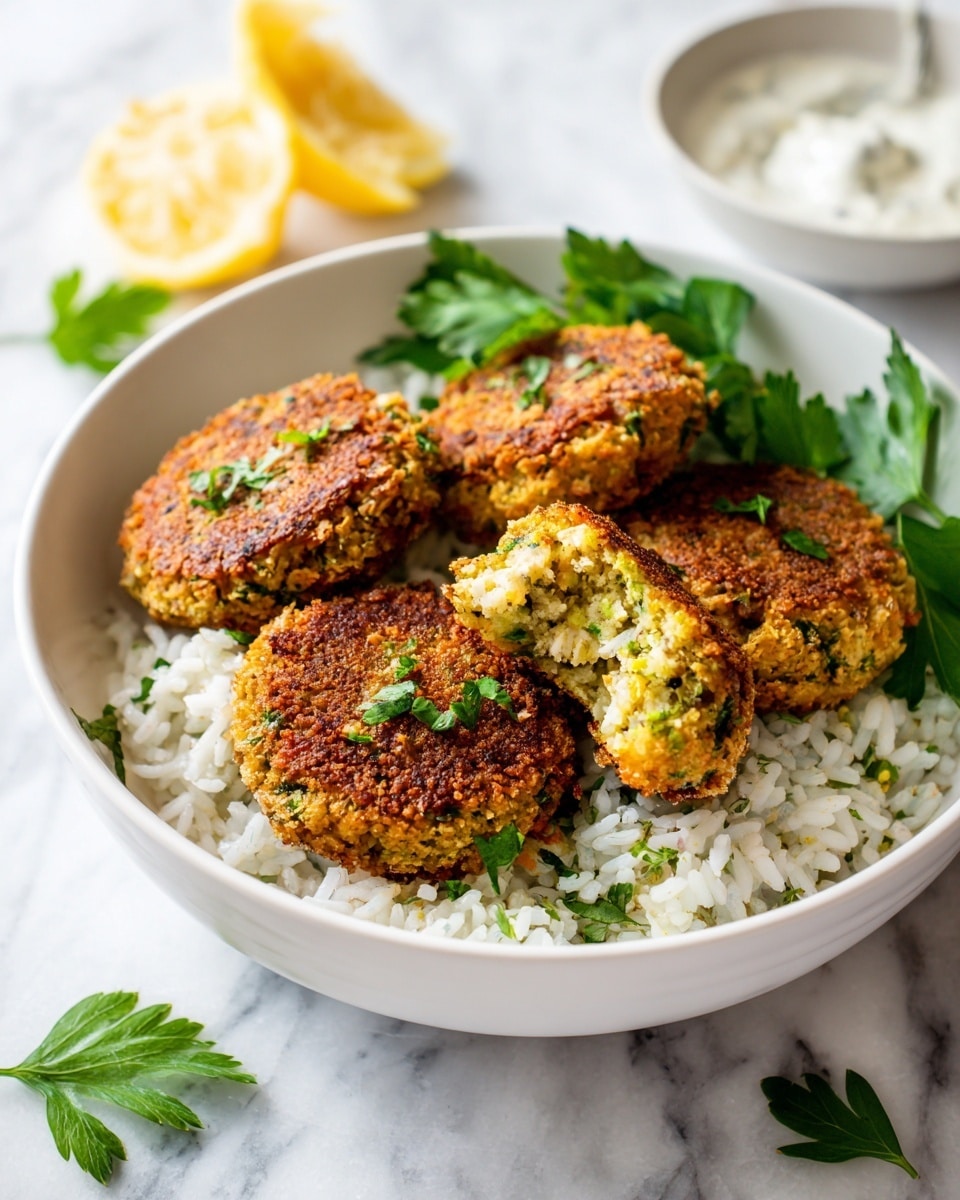 A white bowl filled with white cooked rice at the base, topped with four round golden-brown falafel balls that have a crunchy, crumbly texture; one falafel is cut open, showing a soft, green and yellow inside with visible herbs and chickpeas. Small green parsley leaves are placed on the rice as garnish. In the blurry background, there are hints of a white sauce in a glass container, a lemon wedge, and more falafels. The bowl is on a white marbled surface. Photo taken with an iphone --ar 4:5 --v 7