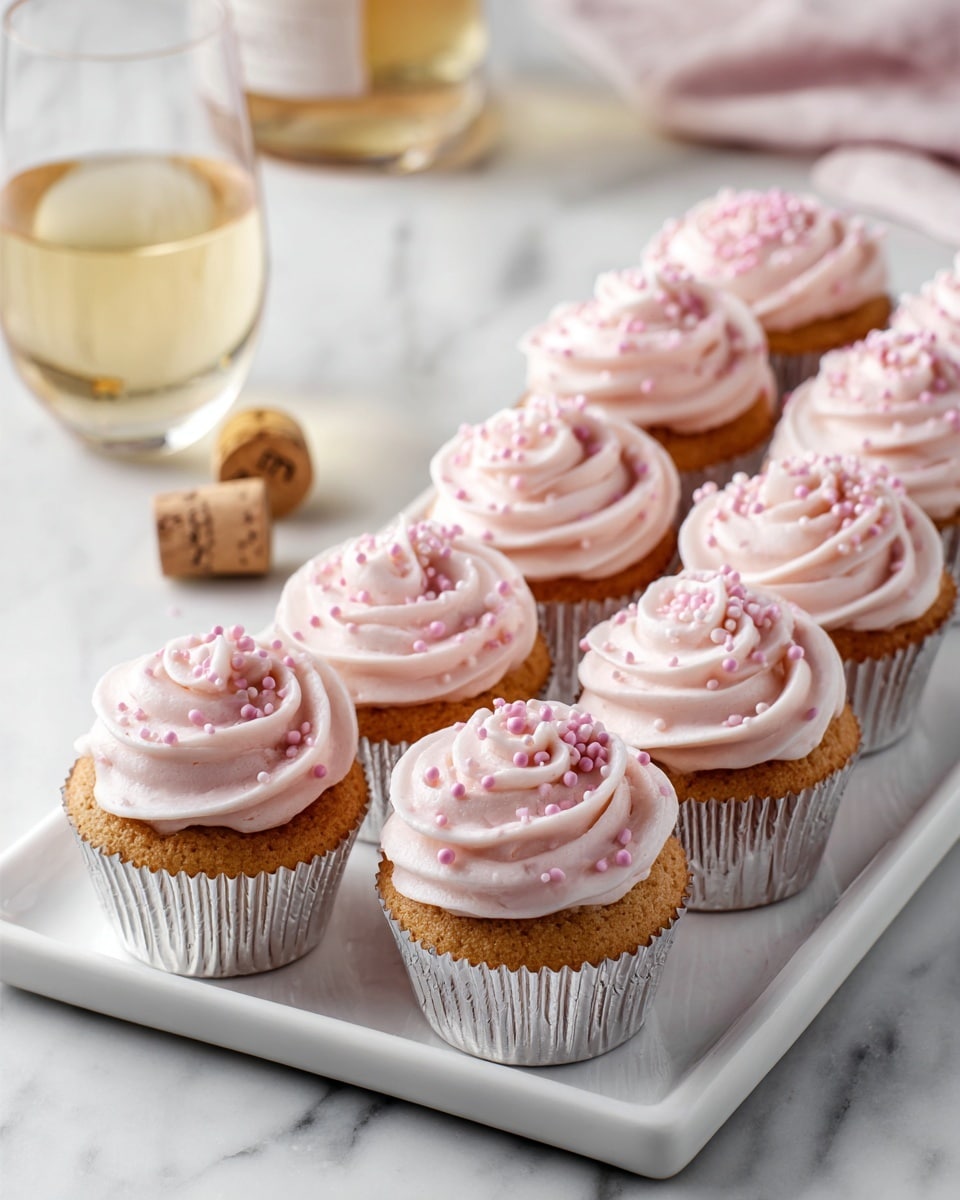 A white rectangular plate holds ten light brown cupcakes, each topped with a thick swirl of soft pink frosting that looks creamy and smooth. The frosting is piped in rosette shapes with small round pink pearl sprinkles scattered on top of several cupcakes. The cupcakes are lined up closely in silver foil liners. The plate sits on a white marbled surface, with a glass of light golden liquid and a cork beside it. photo taken with an iphone --ar 4:5 --v 7