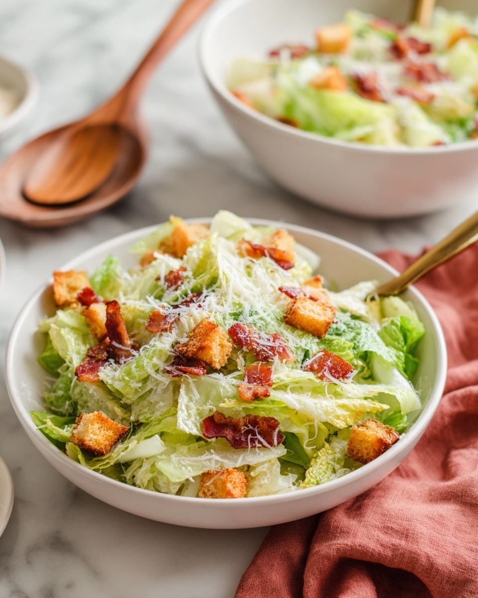A white round dish holds a fresh salad made of thinly shredded light green lettuce as the base layer, topped with small golden-brown croutons and crispy reddish-brown bacon pieces scattered evenly. A light sprinkle of white grated cheese covers the salad, adding a fine texture on top. In the background, a larger white bowl contains more of the same salad with a wooden spoon resting inside. The setting has a white marbled surface and a soft reddish cloth is seen at the bottom right corner. Photo taken with an iphone --ar 4:5 --v 7