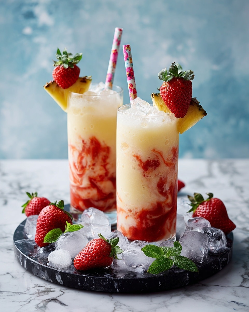 Two tall clear glasses contain a layered drink with swirls of creamy pale yellow and bright red colors inside. Each glass is topped with a small triangular slice of pineapple and a ripe red strawberry with green leaves hanging over the rim. Both drinks have a paper straw with a floral pink and red pattern sticking out. The glasses sit on a round black marble tray scattered with melting ice cubes, surrounded by fresh whole and halved strawberries and a few green mint leaves, all set against a white marbled surface. The background shows a soft blue color that contrasts with the drink. Photo taken with an iphone --ar 4:5 --v 7