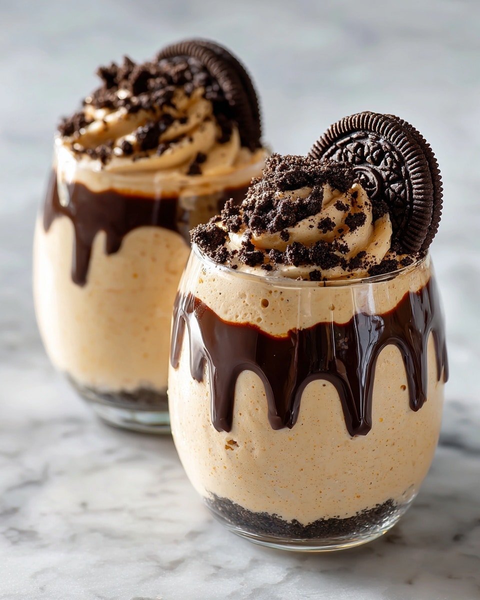 The image shows two clear glass dessert cups filled with a creamy, light beige mousse. Each cup has three main layers: the bottom is smooth and creamy, the middle is slightly thicker with dark chocolate drizzle running inside the glass and over the top, and the top layer is decorated with crushed chocolate cookies sprinkled generously. A whole chocolate cookie is placed leaning on the edge of each cup. The cups are placed on a white marbled surface, and soft light highlights the glossy texture of the chocolate drizzle. Photo taken with an iphone --ar 4:5 --v 7