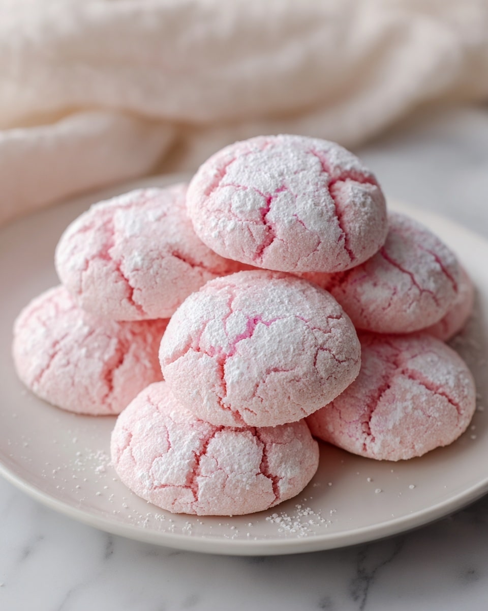 A white plate holds a stack of soft, round cookies that have a light pink color with a powdery sugar coating on top. The cookies have visible cracks on the surface, showing a slightly rough texture. The plate is on a white marbled textured surface with a soft cloth blurred in the background. The overall scene looks bright and fresh. photo taken with an iphone --ar 4:5 --v 7