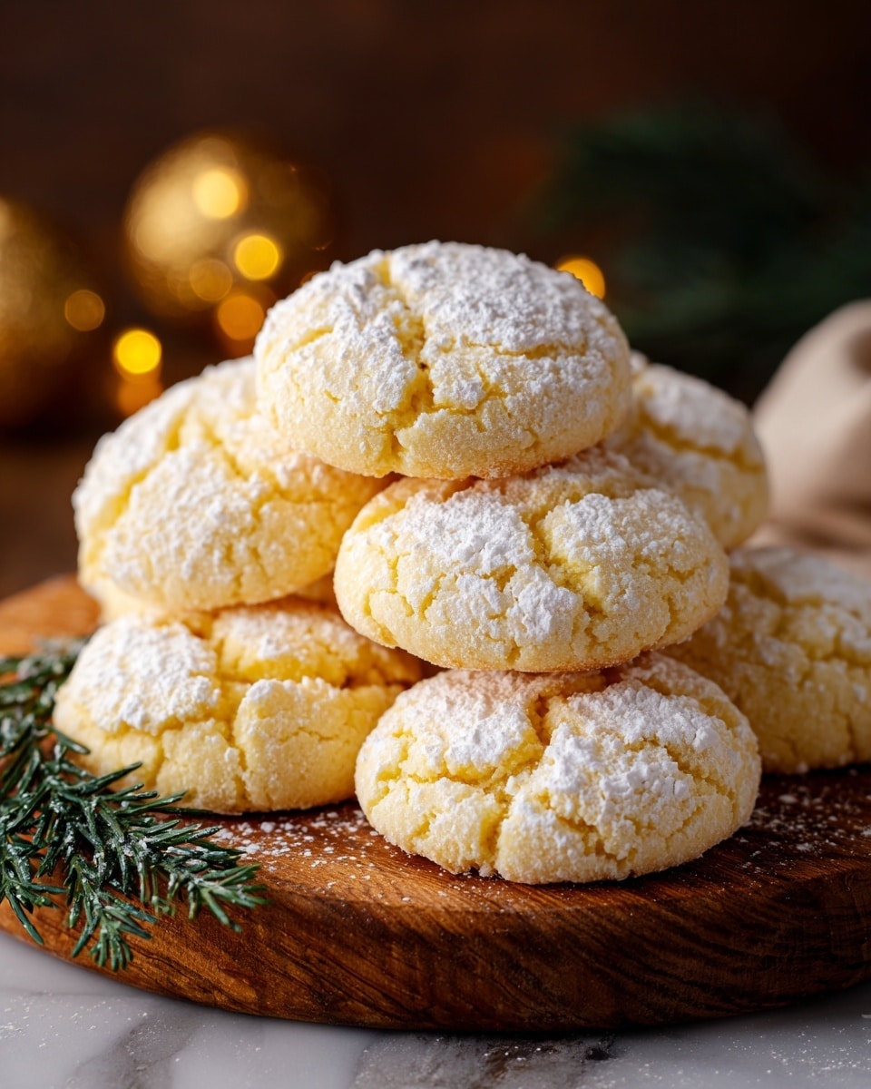 A close-up of eight pale yellow, round soft cookies with a cracked surface, each lightly dusted with white powdered sugar, arranged in a pile on a rustic wooden board. The cookies have a fluffy texture with a powdery coating that accentuates their cracks. The scene includes some blurred holiday decorations in the background with warm lighting, and a sprig of evergreen is placed in the bottom left corner. The board sits on a white marbled texture. photo taken with an iphone --ar 4:5 --v 7