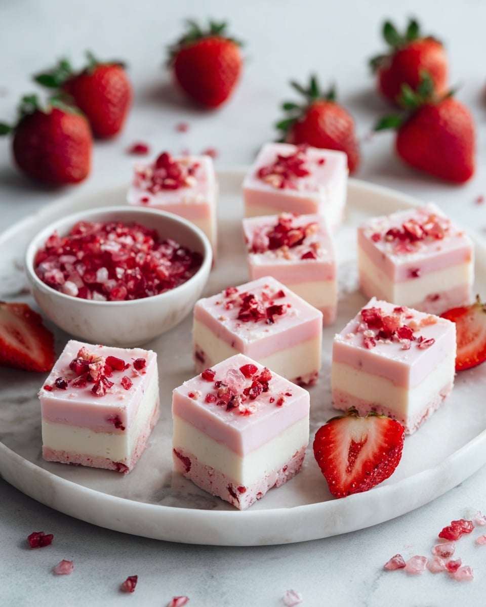 Small square pieces of two-layered fudge are arranged on a white plate and white marbled surface. Each fudge piece has a creamy white bottom layer and a pink top layer with small red berry bits sprinkled on top. Some whole red strawberries with green leaves are placed around the fudge, enhancing the fresh look. In the center, a small white bowl is filled with crushed red berries, adding a textured contrast. The overall scene is bright and colorful with a clean white marbled background. Photo taken with an iphone --ar 4:5 --v 7