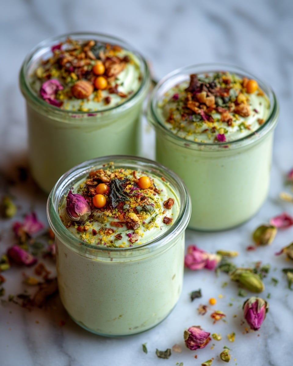 Three small clear glass jars hold a smooth, thick green mousse filling nearly to the top. Each mousse layer is decorated with colorful toppings, including small bright orange, yellow, and brown spheres, finely chopped dark green leaves, and tiny pink flower petals that add a bright contrast. The jars sit on a white marbled textured surface with scattered bits of green leaves and flower petals around them, creating a casual yet elegant look. The focus is sharp on the front jar while the other two are blurred softly in the background. photo taken with an iphone --ar 4:5 --v 7