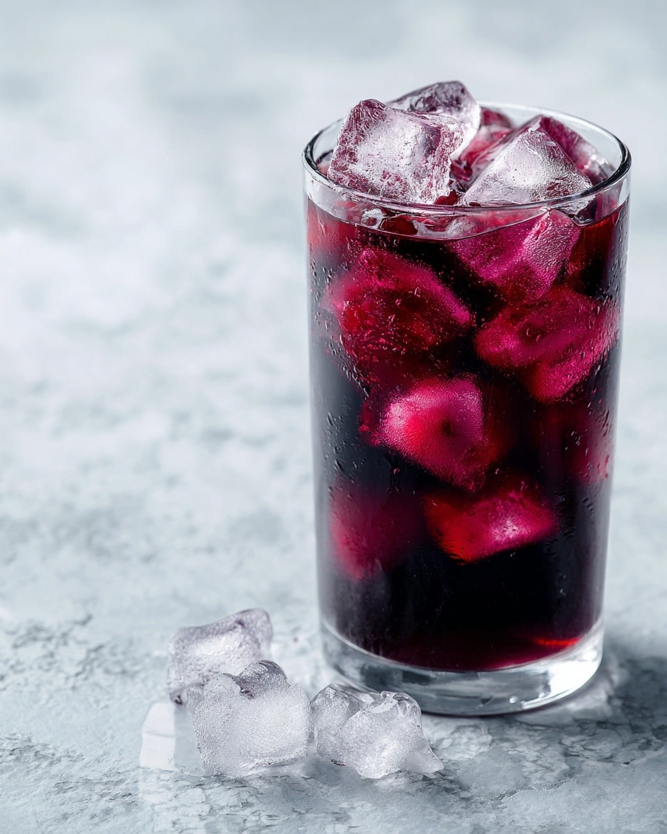 A clear tall glass filled with a dark purple liquid, packed with many small ice cubes throughout the drink, with a few ice cubes sitting on top. The drink has a rich, slightly translucent purple color that contrasts with the clear glass. The background and surface beneath the glass have a white marbled texture. photo taken with an iphone --ar 4:5 --v 7