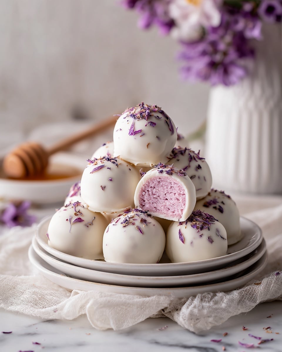 The image shows a small pile of round white-coated truffles arranged on two stacked white plates, placed on a white gauze cloth over a white marbled surface. The truffles are smooth and glossy, each topped with tiny purple flower petals. One truffle is cut in half at the top, revealing a ridged, soft pink filling inside, contrasting with the white outer layer. Purple flower sprigs decorate the plates and surface around the truffles. In the background, there is a tall white ribbed container and a wooden honey dipper, all set on the same white marbled surface, with blurred purple flowers adding a soft touch. photo taken with an iphone --ar 4:5 --v 7
