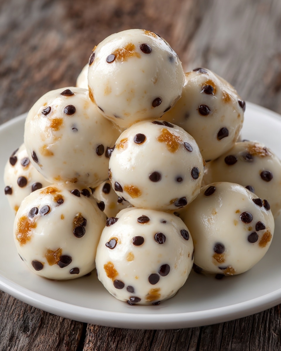A white bowl filled with nine round, creamy white balls covered in small dark chocolate chips and bits of what looks like caramel or crushed nuts. Each ball has a smooth but slightly uneven texture, with the chocolate chips spread all around the surface, giving a spotted look. The bowl rests on a wooden table, but the background is changed to a white marbled texture. photo taken with an iphone --ar 4:5 --v 7