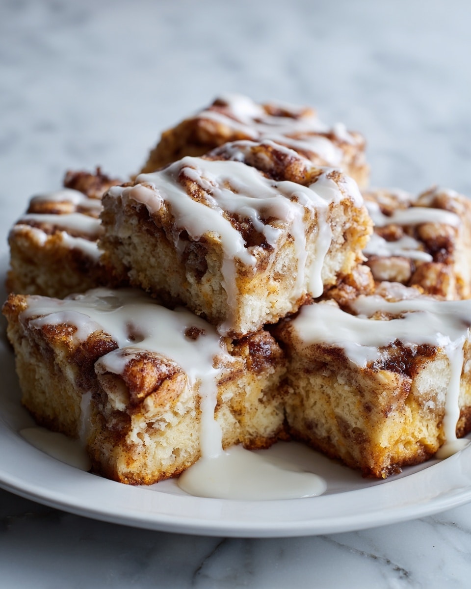 The image shows several square pieces of cinnamon roll on a white plate, placed on a white marbled surface. Each piece has a thick, golden-brown base layer of baked dough, topped with chunky swirls of cinnamon and sugar that have been baked to a rich caramel color. The top layer is coated with a shiny, white glaze that drips slightly over the edges, adding a glossy texture and a sweet finish. The pieces are stacked casually, giving a soft and fluffy look to the cinnamon rolls. photo taken with an iphone --ar 4:5 --v 7