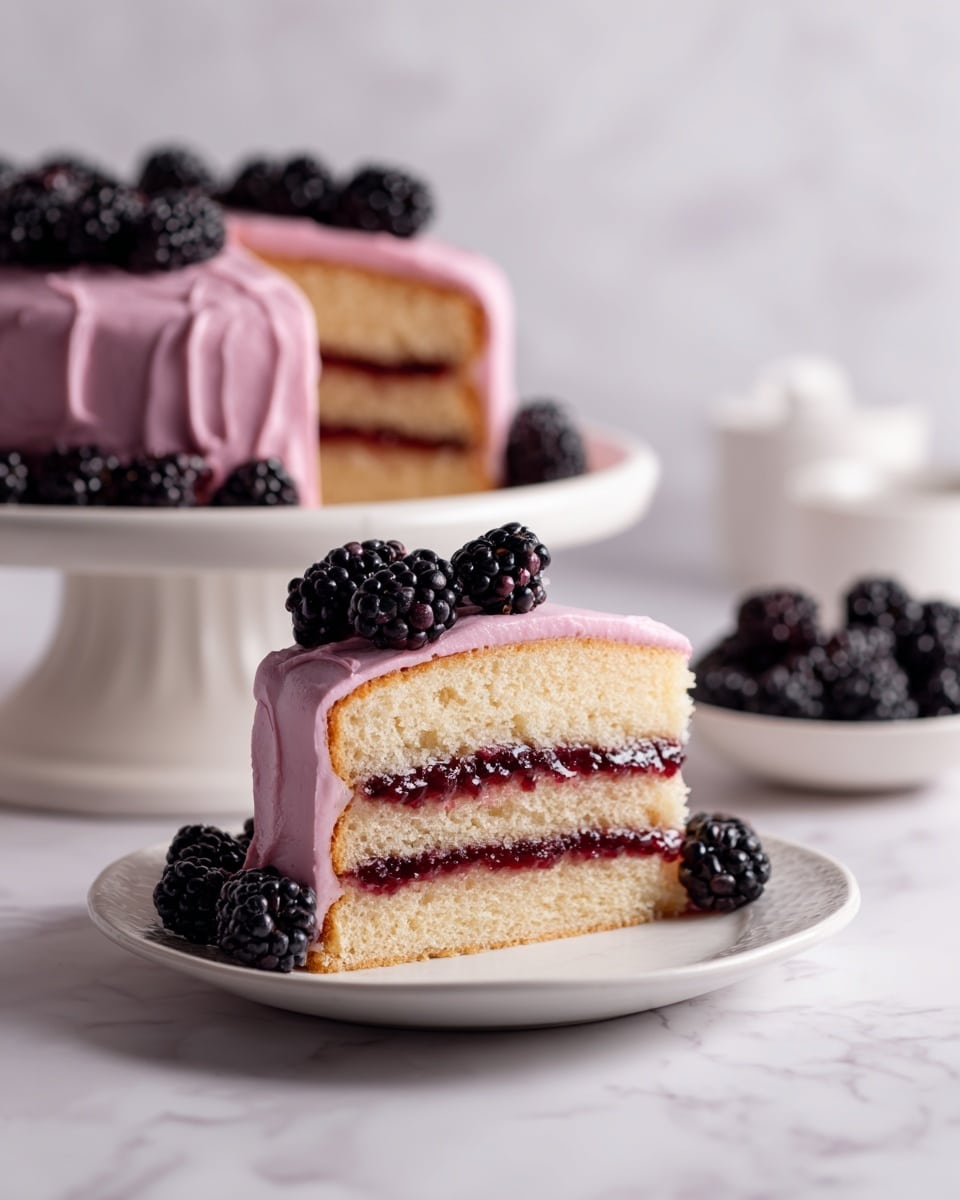 A slice of two-layer vanilla sponge cake with a thick layer of dark red berry jam between the layers sits on a white plate. The cake is covered on top and around the sides with smooth, pinkish-purple berry frosting. Fresh blackberries decorate the top of the slice and rest on the plate around it. Behind the slice, the whole cake with the same pinkish-purple frosting and blackberries is visible on a white cake stand. The scene is set on a white marbled texture with a soft, clean background. photo taken with an iphone --ar 4:5 --v 7