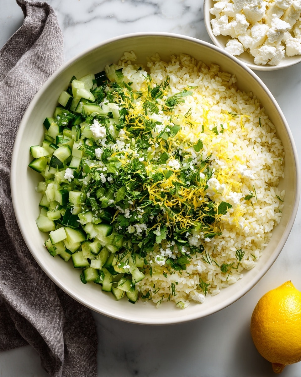 A wooden bowl filled with a fresh green pea salad mixed with crumbly white cheese, small pieces of light beige grains, chopped green herbs, and bits of walnuts. The salad has a mix of bright green, white, and light brown colors creating a textured look. A wooden spoon rests inside the bowl with some salad on it, the bowl's inside rim has a black and white patterned detail. The background is a white marbled texture. photo taken with an iphone --ar 4:5 --v 7