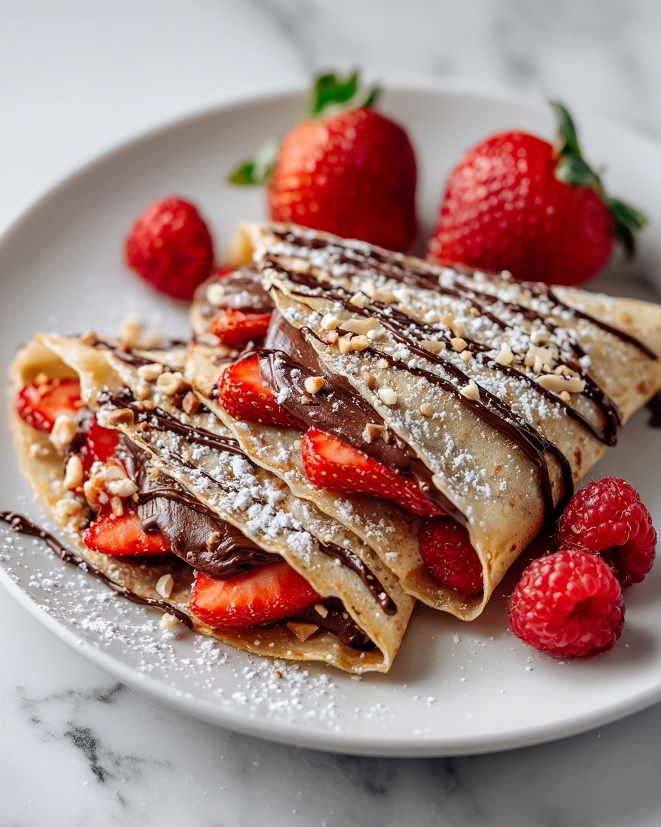Two thin crepes folded into triangles are placed on a white plate over a white marbled surface. Each crepe has a golden-brown outer layer with a soft texture, and inside they are filled with dark brown chocolate spread and bright red sliced strawberries. The top of the crepes is drizzled with more chocolate and lightly sprinkled with white powdered sugar and tiny nut pieces. Fresh whole strawberries and raspberries are placed around the crepes, adding vibrant red color. photo taken with an iphone --ar 4:5 --v 7