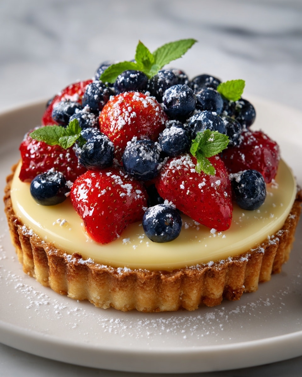 A tart with three visible layers is shown: the bottom layer is a crumbly, golden-brown crust with a textured edge; above that is a smooth, creamy pale yellow filling making up most of the tart’s base; piled on top is a heap of fresh blueberries and strawberries in deep blue and bright red, covered lightly with powdered sugar and garnished with small, bright green mint leaves. The tart sits on a white plate placed on a white marbled surface. photo taken with an iphone --ar 4:5 --v 7
