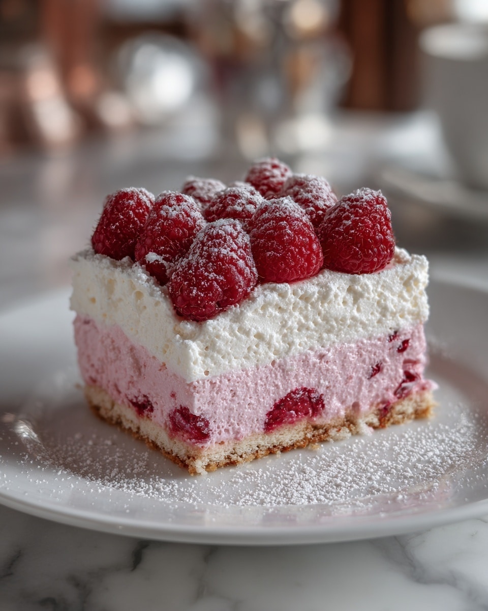 A close-up image of a multi-layered raspberry dessert on a white plate. The bottom layer is a light brown crumbly crust. Above this is a thick layer of smooth pink cream mixed with whole raspberries. On top of the pink layer is a thick, fluffy white cream layer, textured and soft in appearance. The top layer is made of evenly placed whole fresh raspberries, dusted lightly with powdered sugar that also dusts the plate edges. The scene is set on a white marbled surface with blurred background elements, creating a cozy and inviting look. photo taken with an iphone --ar 4:5 --v 7