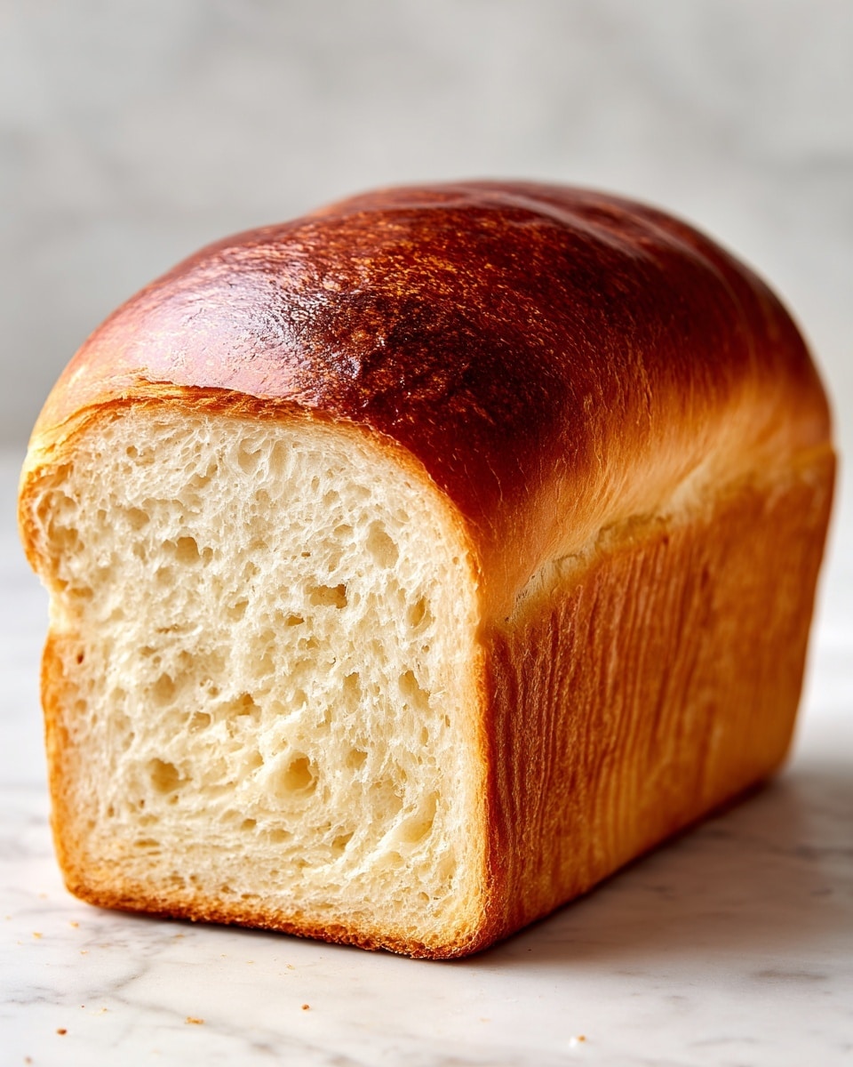 A loaf of bread is shown with a soft, white inside and a golden-brown, slightly shiny crust. The outside crust is smooth with small ridges running lengthwise. The bread is placed on a surface with a white marbled texture in the background, and the texture of the inside looks fluffy and light. The loaf is simple with no extra decorations, focusing just on the bread. Photo taken with an iphone --ar 4:5 --v 7