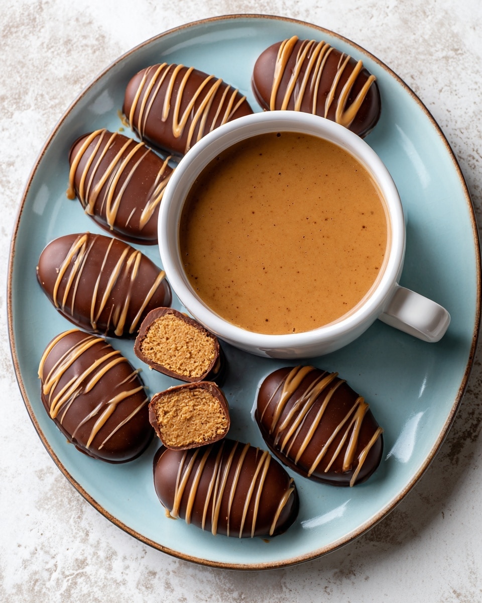 A white bowl filled with smooth, creamy peanut butter colored sauce sits on a light blue plate that holds eight oval-shaped chocolate-covered peanut butter eggs. Each chocolate egg is dark brown with thin, darker chocolate drizzle lines on top. One egg is cut in half, showing a dense, slightly crumbly light brown peanut butter filling inside a thin chocolate shell. The plate is set on a white marbled surface with a yellow-checkered cloth partially visible nearby. Photo taken with an iphone --ar 4:5 --v 7