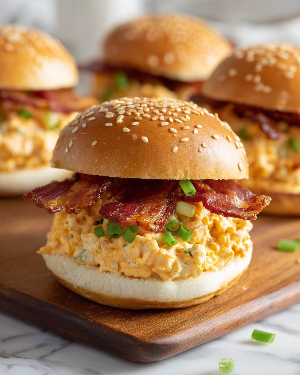 The image shows a sandwich with three main layers on a white sesame seed bun, placed on a wooden board. The bottom layer is the bottom half of the bun, soft and white inside. On top of it is a thick creamy mixture of light orange spread with visible bits of green herbs and small chunks, giving it a chunky texture. Scattered green onion slices add a fresh green color on and around the spread. The top layer is crispy bacon strips, reddish brown and slightly curled, placed under the top half of the sesame seed bun, which is golden brown with white sesame seeds. The background is blurred with more sandwiches visible, all on a white marbled surface. photo taken with an iphone --ar 4:5 --v 7