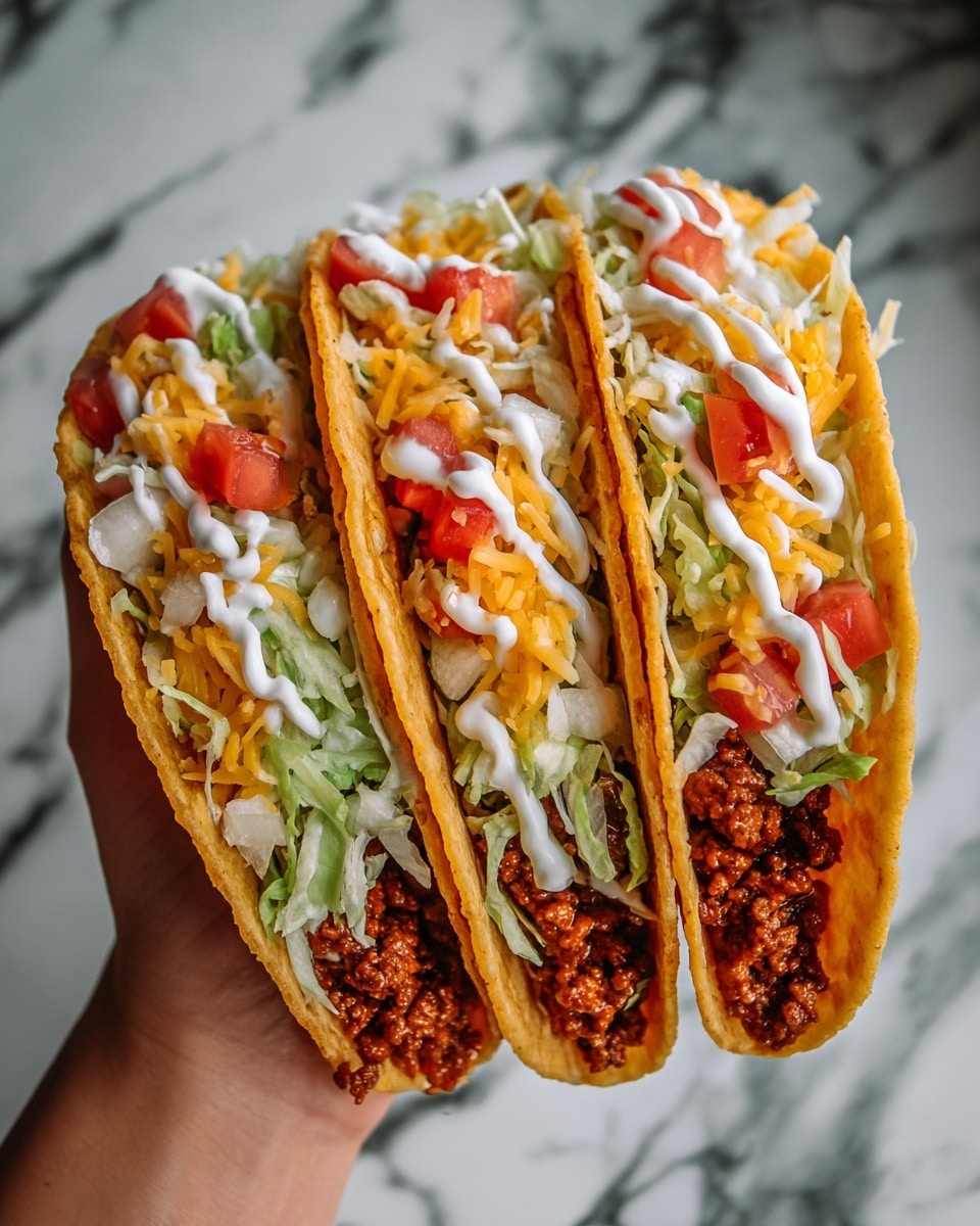 A close-up of three tacos arranged side by side, each with a crispy golden-yellow shell. The bottom layer inside the shell is cooked ground beef, topped with melted bright orange cheese. Above the cheese, there is shredded green lettuce mixed with small chunks of red tomatoes. Drizzled over the filling is white sour cream and a smooth orange sauce. The tacos rest on a white plate placed on a white marbled surface. Photo taken with an iphone --ar 4:5 --v 7