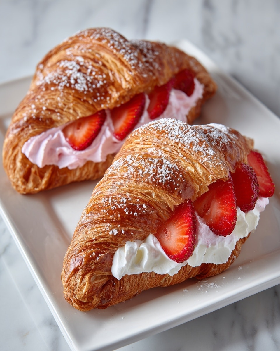 Two croissant sandwiches are placed side by side on a white plate resting on a white marbled surface. Each sandwich has a golden-brown, flaky croissant cut in half horizontally. The bottom half is filled with a thick layer of white whipped cream that looks fluffy, and on top are several bright red slices of fresh strawberries, arranged in a neat row. The top half of the croissants is placed back over the filling, lightly dusted with white powdered sugar, giving a soft, snowy look on their shiny, layered crust. The photo taken with an iphone --ar 4:5 --v 7