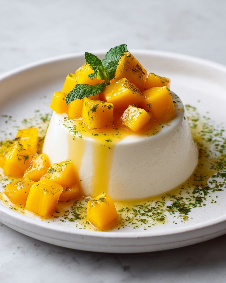 A smooth, creamy white panna cotta sits in the center of a white plate, with a shiny mango sauce dripping down its sides onto the plate. On top of the panna cotta are small, bright orange cubed mango pieces, garnished with a small green mint leaf. Some extra mango cubes and sauce are placed beside the panna cotta on the plate, and tiny green specks of mint are sprinkled over the sauce and mango. The background is a white marbled texture. Photo taken with an iphone --ar 4:5 --v 7