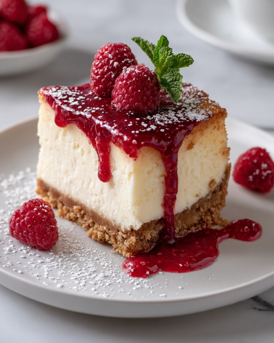 A square piece of cheesecake sits on a white plate placed on a white marbled surface. The dessert has three layers: a crumbly brown base at the bottom, a thick creamy white middle layer, and a shiny red raspberry topping that slightly drips down the side. Two bright red raspberries with tiny seeds sit on top, decorated with a small green mint leaf and a light dusting of powdered sugar. Two more raspberries rest beside the cheesecake on the plate, also sprinkled with powdered sugar. photo taken with an iphone --ar 4:5 --v 7