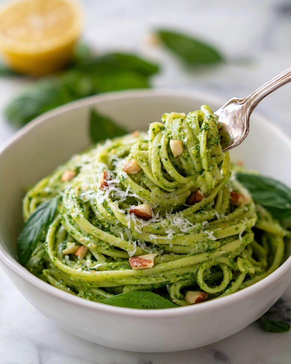 A white bowl filled with green pesto pasta, showing many noodles coated thickly in a creamy green sauce that looks rich with small bits of herbs. On top, there are a few small pieces of crushed nuts and a light sprinkle of grated white cheese. Around the edges, fresh green basil leaves add a touch of texture and contrast. A silver fork holds a twisted bite of the pasta above the bowl. In the background, part of a lemon is slightly blurred on a white marbled surface with a white cloth underneath the bowl. Photo taken with an iphone --ar 4:5 --v 7