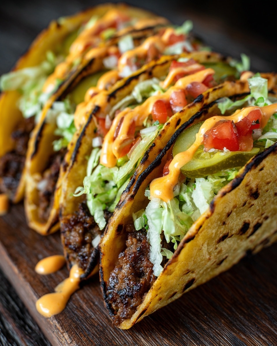 Four tacos are lined up close on a dark wooden board, each with three visible layers inside a toasted, lightly charred tortilla. The bottom layer is a dark, grilled meat patty with a rough texture, topped with green leafy lettuce in the middle layer. The top layer has bright red diced tomatoes and green pickles. Orange sauce is drizzled over all the layers and drips onto the board. The background is softly blurred with a white marbled texture behind. photo taken with an iphone --ar 4:5 --v 7