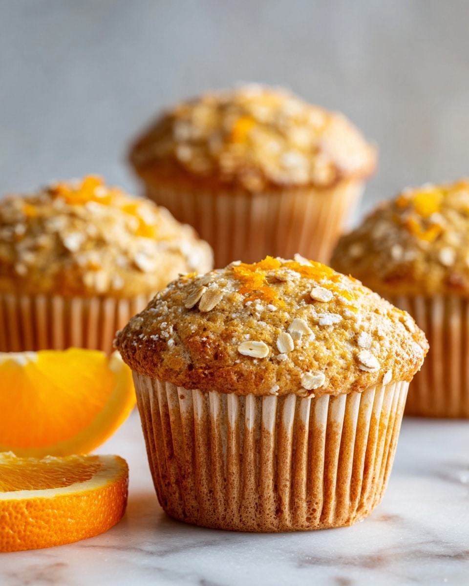 The image shows a close-up of a soft, golden brown muffin with a slightly domed top covered with a crumbly oat streusel, giving it a rough texture with oat flakes visible, and small bits of orange zest scattered throughout. Behind this muffin, there are several more muffins out of focus, all with a similar crumbly oat topping. In the foreground, a white marbled surface holds a few oat flakes and a bright orange wedge with juicy, glistening flesh positioned near the muffins, adding a pop of vibrant color. The whole scene has warm, natural lighting highlighting the textures and colors. photo taken with an iphone --ar 4:5 --v 7