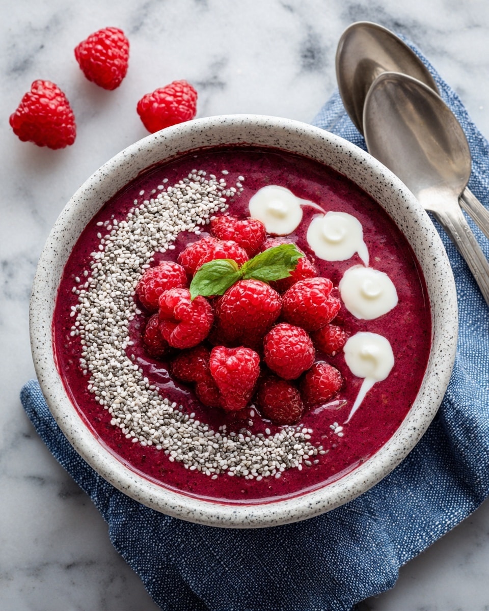 A white speckled bowl holds a deep magenta smoothie base with a thick, creamy texture. On top, there is a neat layer of small white chia seeds spread in a ring near the edge. Inside this ring, there are fresh bright red raspberries clustered in the center with a small green leaf for contrast. In front of the raspberries, there is a row of white marshmallows or cream dollops, each topped with a drizzle of light golden honey. The bowl is placed on a white marbled surface next to two silver spoons and a few scattered raspberries, with a folded blue cloth napkin nearby. In the blurred background, another matching bowl with the same smoothie and toppings is visible, along with a small white bowl filled with raspberries. Photo taken with an iphone --ar 4:5 --v 7