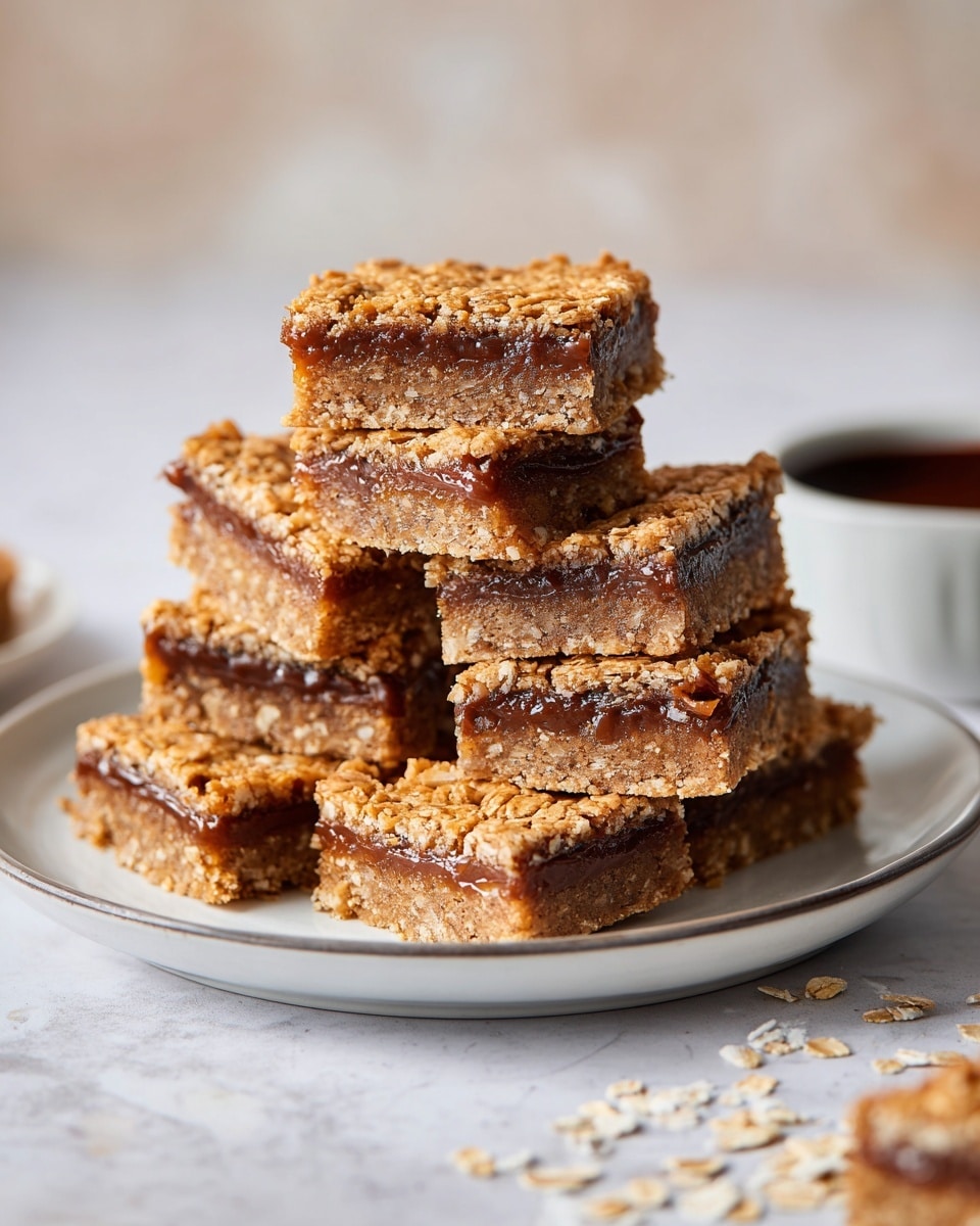 The image shows a stack of seven square oatmeal bars arranged on a white plate on a white marbled surface. Each bar has two visible layers: the bottom and top layers are light golden brown with a rough, oatmeal texture containing visible oat flakes, while a thin, darker caramel-colored layer sits between them. The bars look soft but firm, and there are a few loose oat flakes scattered on the surface around the plate. In the background, there is a small white bowl filled with melted chocolate. photo taken with an iphone --ar 4:5 --v 7
