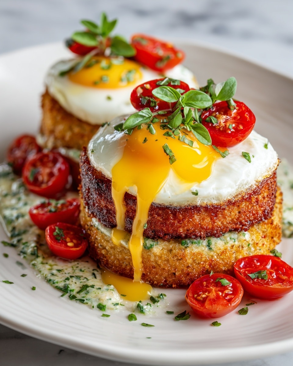 Two stacked savory cakes form the base on a white plate with a hint of golden brown at the edges, each topped with a fried egg that has a glossy white layer and bright yellow, runny yolks spilling out onto the plate. Each egg is garnished with fresh green herbs scattered around and halved red cherry tomatoes placed on top. The overall look is fresh and colorful, with a white marbled surface as the background. photo taken with an iphone --ar 4:5 --v 7