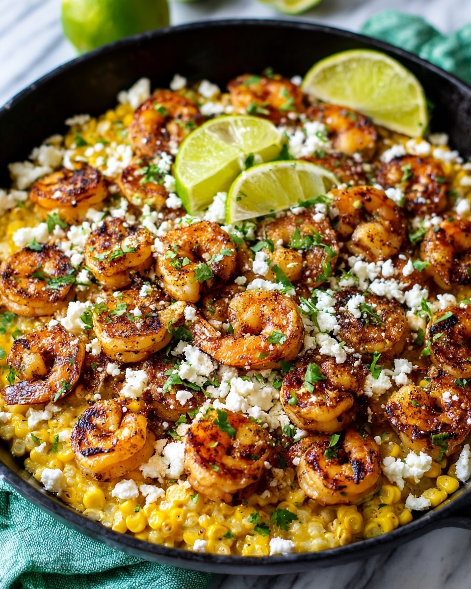 The dish is presented in a round black skillet filled with a base layer of creamy yellow corn mixed with a grainy texture. On top, there are about a dozen browned and slightly charred shrimp arranged evenly across the surface, showing a reddish-orange color with light black grill marks. Sprinkled over the shrimp and corn is a white crumbly cheese and small green cilantro leaves, adding pops of color. Two green lime wedges rest on one side of the skillet for garnish. The skillet sits on a white marbled surface with a blue cloth partially visible underneath. Photo taken with an iphone --ar 4:5 --v 7