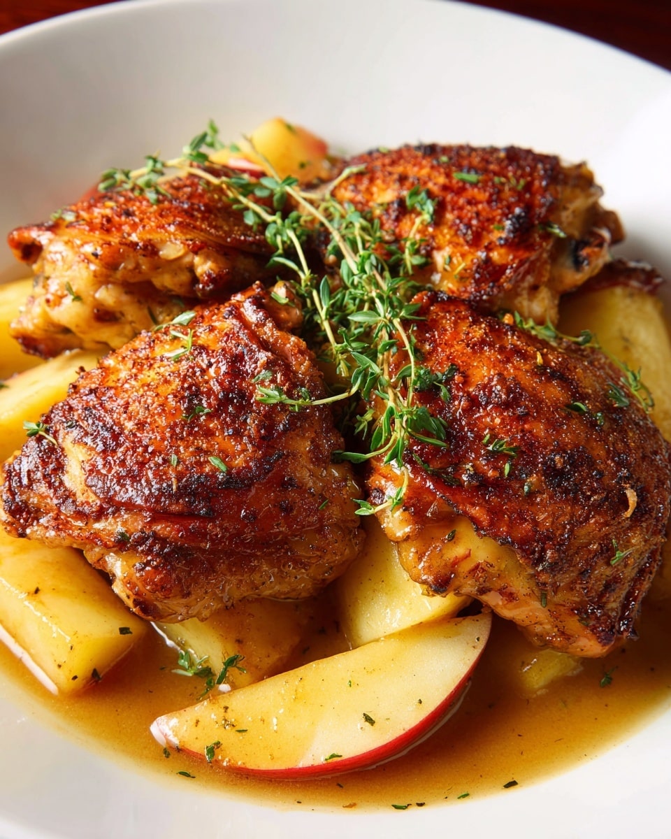 The dish shows three pieces of golden-brown roasted chicken thighs with crispy skin, resting on a bed of sliced cooked apples and thick apple cider sauce. The apples are pale yellow with some red skin, cut into wedges and arranged around and slightly under the chicken pieces. Fresh sprigs of green thyme are placed on top of the chicken and scattered in the sauce. The sauce has a glossy, slightly thick texture with small bits of herbs. All is served on a shallow white bowl with a warm, cozy lighting that emphasizes the rich colors and textures, placed on a white marbled surface. Photo taken with an iphone --ar 4:5 --v 7