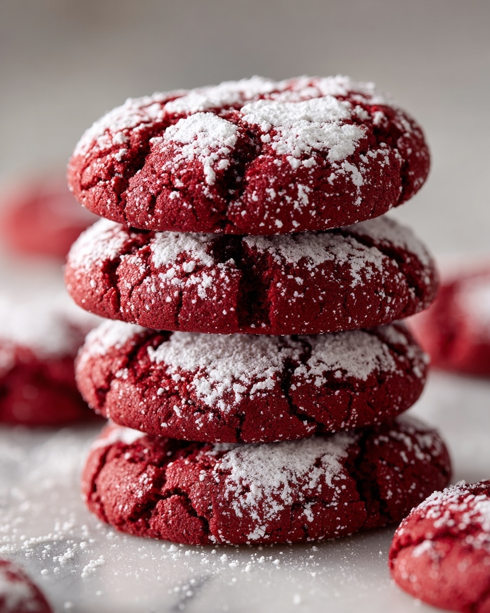 The image shows a stack of four red velvet cookies with cracked tops and a dusting of powdered sugar. The cookies have a soft texture with dark red color and are placed on a white marbled surface. Around the stack, there are a few more cookies blurred in the background, highlighting the focus on the central pile. The lighting gives the cookies a slightly glossy look, making them appear fresh and moist. photo taken with an iphone --ar 4:5 --v 7