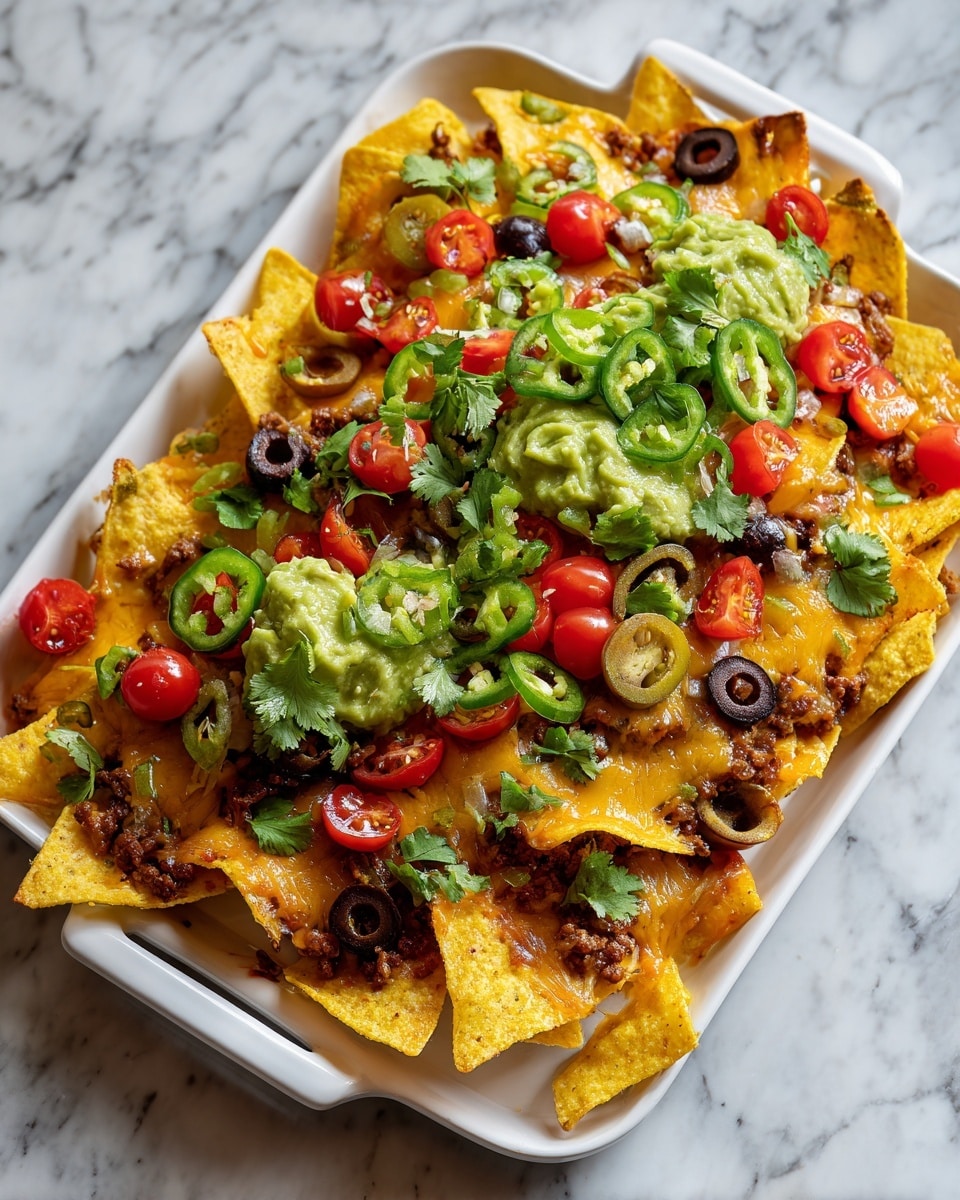 A white rectangular baking dish is filled with a layered nacho dip. The bottom layer is made of small brown beans. Over the beans, there is a layer of yellow tortilla chips standing upright along the edges, forming a border. On top of the chips and beans, there is a layer of melted yellow cheese covering the dip. Scattered on the top layer are slices of bright red cherry tomatoes, round green jalapeño slices, and black olive rings. Dollops of light green guacamole and small sprigs of fresh cilantro are placed evenly over the top, giving the dish a colorful and fresh look. The dish sits on a white marbled surface. Photo taken with an iphone --ar 4:5 --v 7