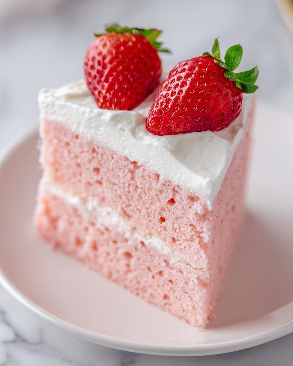 A close-up of a single slice of pink cake showing a soft and moist texture with tiny air holes. The cake has one main layer, topped with a thick layer of white whipped cream frosting that looks light and fluffy. On top of the frosting, there are two fresh, bright red strawberries with green leaves, placed side by side. The cake slice sits on a white plate, and in the background, a fork is slightly visible on the right side. The surface beneath the plate has a white marbled texture. Photo taken with an iphone --ar 4:5 --v 7