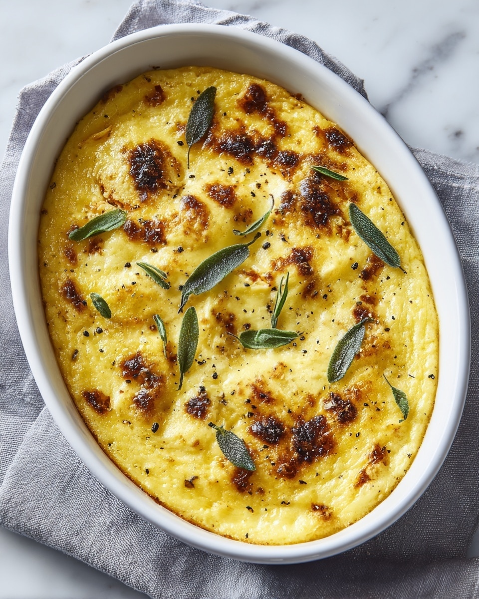 A white oval baking dish holds a creamy yellow baked dish with a smooth, slightly grainy texture forming the base layer. Scattered on top are chunks of roasted, golden-brown food pieces with some crispy, darkened edges. Fresh, whole green leaves are spread evenly across the surface. Small black specs, likely seasoning, are sprinkled over the dish, enhancing its appearance. The dish sits on a white marbled surface with a spoon and part of a white round plate visible nearby. photo taken with an iphone --ar 4:5 --v 7