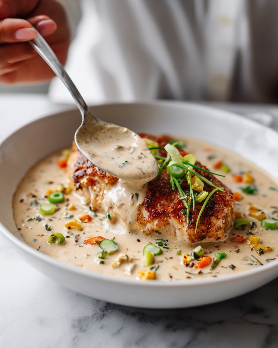 The image shows a white bowl filled with creamy sauce that has a light yellow color and small green herb pieces. Two browned, grilled chicken breasts sit on top, with a slightly crispy texture and darker char marks. There are small chunks of yellow and orange vegetables scattered under the sauce around the chicken. Thin slices of fresh green onion are sprinkled over the chicken, adding a bright green color contrast. The bowl is set on a white marbled surface. Photo taken with an iphone --ar 4:5 --v 7