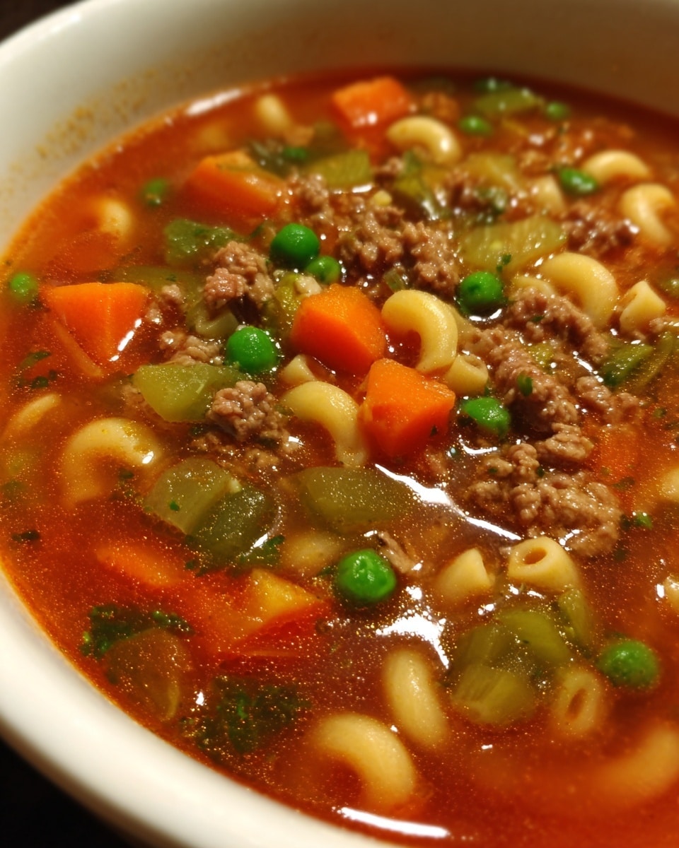 The image shows a close-up view of a hearty soup filled with three main layers visible. The base layer is a rich, reddish-brown broth with a slightly glossy texture. The middle layer contains curved, pale yellow macaroni pasta pieces scattered across. The top layer is a mix of cooked ground beef, bright orange carrot chunks, light green celery pieces, and small green peas, all evenly spread throughout the soup. The colors contrast well, with the warm tones of the meat and vegetables standing out against the pasta and broth. Photo taken with an iphone --ar 4:5 --v 7