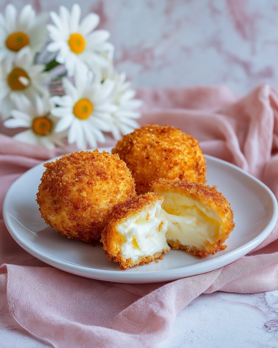 The image shows three small round cakes on a white plate. Each cake has a golden-brown, crumbly outer layer with a sugar coating that looks crunchy. Inside, the cakes have a smooth pale yellow creamy filling visible in two cakes that are cut open, showing a thick, soft texture. The plate is placed on a soft pink cloth, and there are white daisies with yellow centers in the background resting on a white marbled surface. Photo taken with an iphone --ar 4:5 --v 7